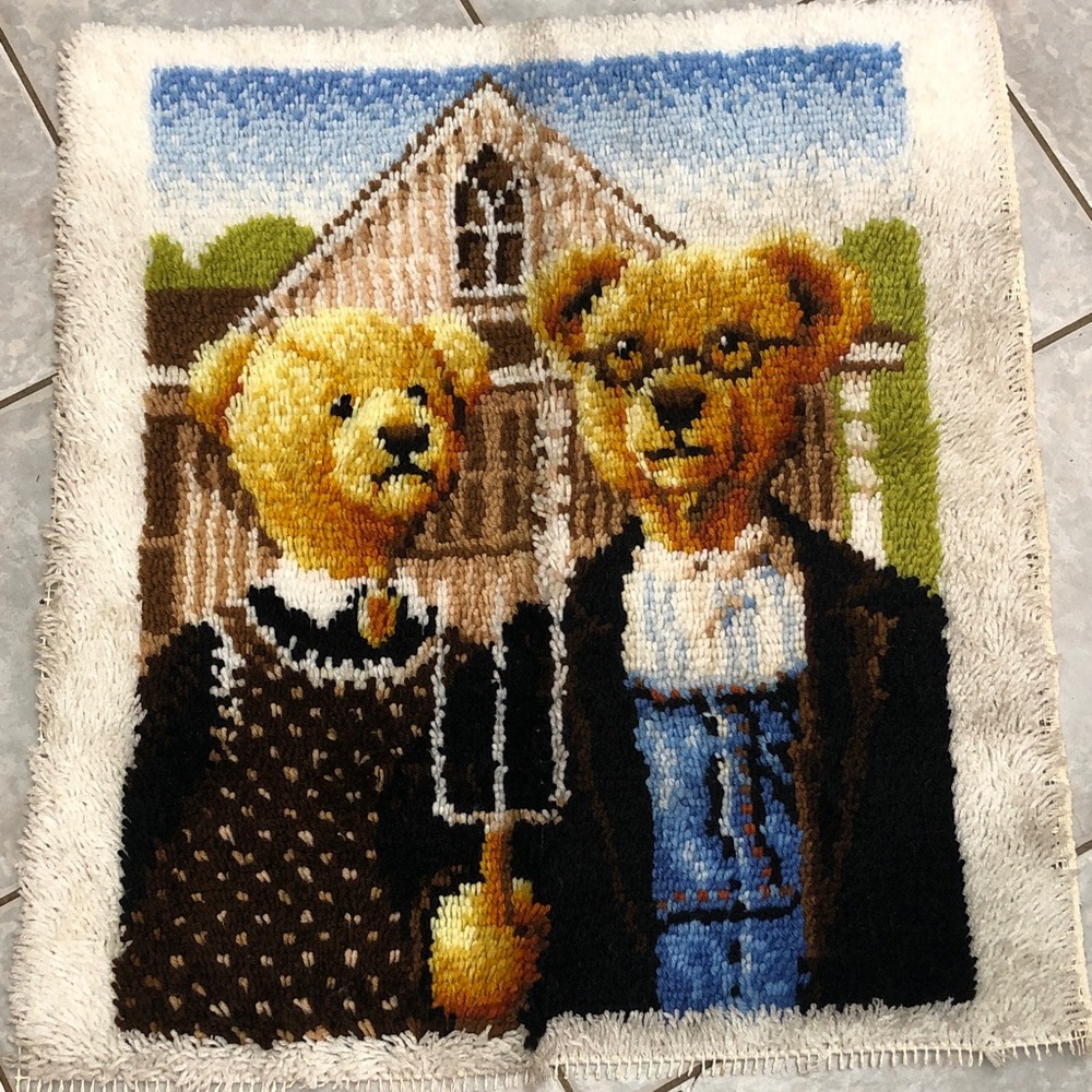 Teddy Bear American Gothic Tapestry with Farmhouse Scene Wool Rug / Wall Hanging